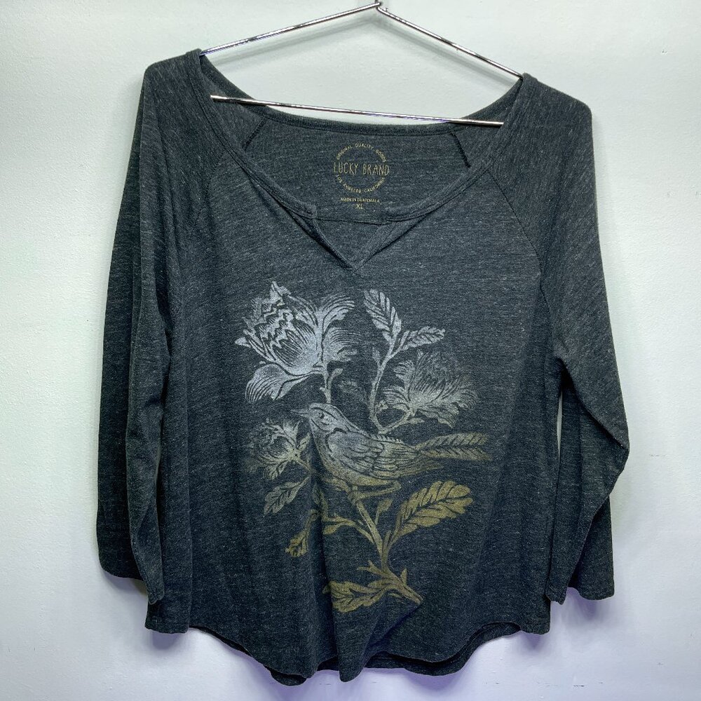 WOMEN'S LUCKY BRAND BIRD GRAPHIC LONG SLEEVE SHIRT - BALCK - SIZE XL